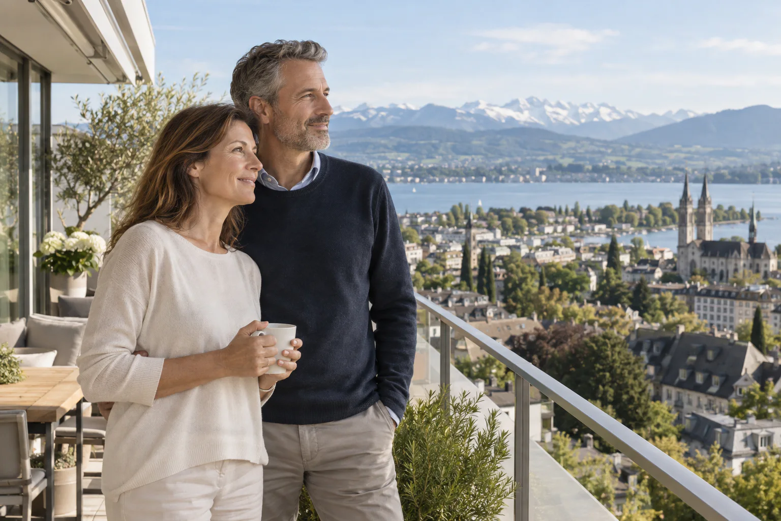 Paar blickt auf eine Schweizer Stadt zwischen See und Bergen
